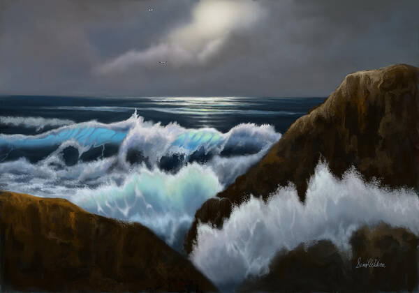 Oceans Art Print featuring the painting Moonlight and the Sea by Sena Wilson