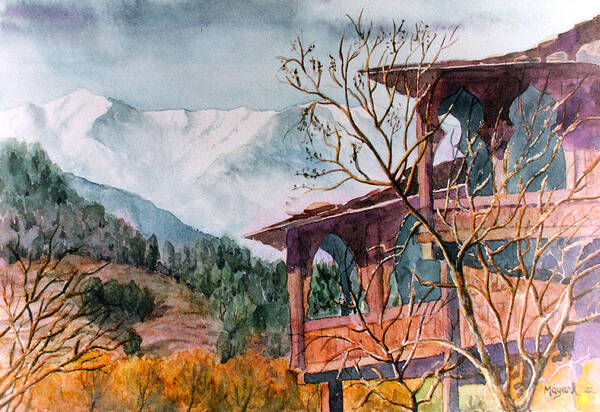 Mountain Houses Art Print featuring the painting Naggar Houses by Mayank M M Reid