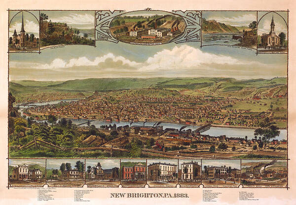 Panoramic Map Art Print featuring the digital art New Brighton Pennsylvania 1883 by Donna Leach