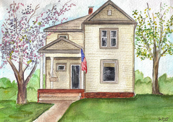 Flag Art Print featuring the painting Ohio cottage with Flag by Clara Sue Beym
