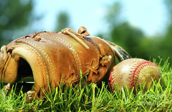 Ball Art Print featuring the photograph Old glove and baseball by Sandra Cunningham