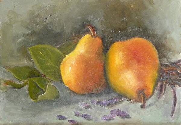 Pears Art Print featuring the painting Pears Leaves and Petals by Jessmyne Stephenson