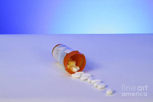 Prescription Art Print featuring the photograph Pills Spilling Out Of A Medicine Bottle by Photo Researchers, Inc.