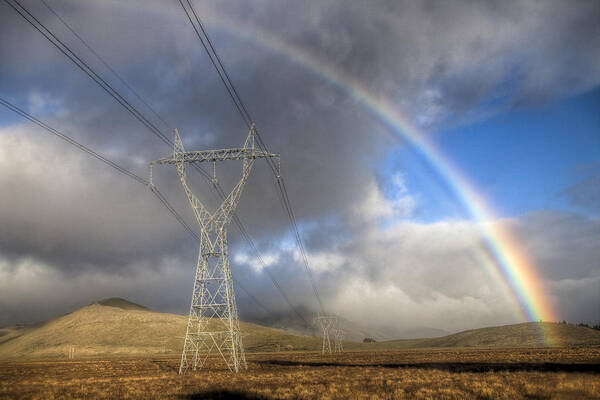 00441043 Art Print featuring the photograph Powerlines, Rainbow Forms As Evening by Colin Monteath