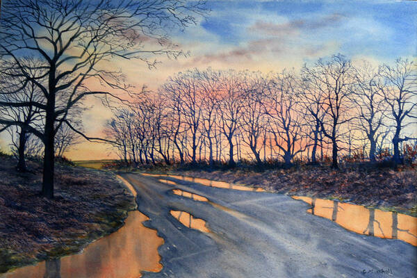 Watercolour Art Print featuring the painting Red Sky on the Road from Sledmere by Glenn Marshall