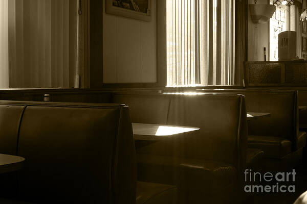 Restaurant Art Print featuring the photograph Restaurant Booth With Streaming Sunlight in Sepia by Susan Stevenson