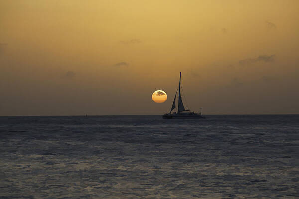 Aruba Art Print featuring the photograph Sailing at Sunset in the Caribbean by David Letts