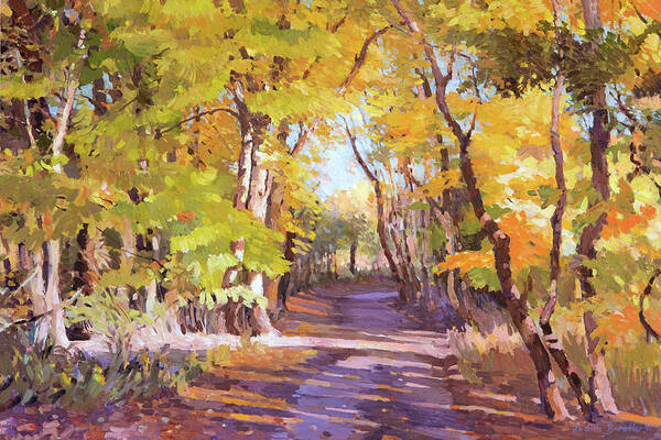 Fall Art Print featuring the painting Shady Path at Fall in the Woods by Judith Barath