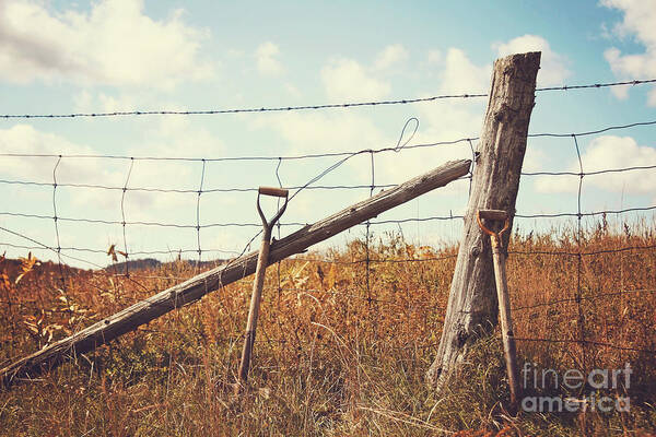 Agriculture Art Print featuring the photograph Shovels leaning against the fence by Sandra Cunningham