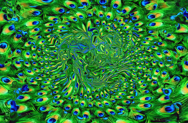 Peacock. Green Abstract Art Print featuring the painting Showing My Tail... by Tanya Tanski