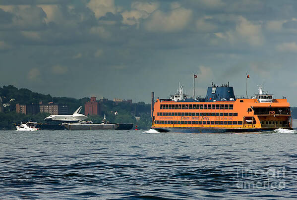 Space Shuttle Art Print featuring the photograph Shuttle Enterprise glides past Staten Island Ferry by Tom Callan