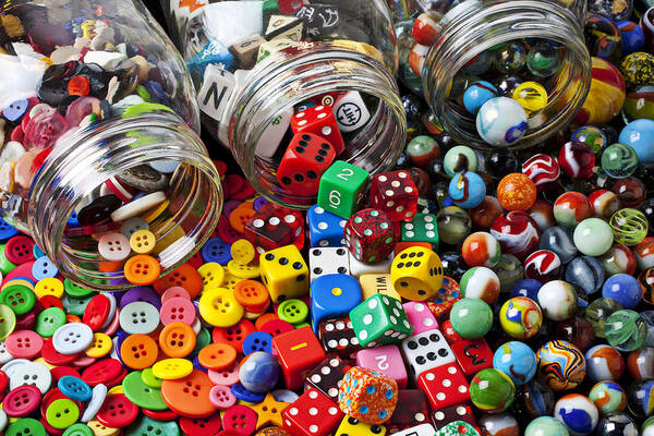 Three Jars Buttons Art Print featuring the photograph Three jars of buttons dice and marbles by Garry Gay