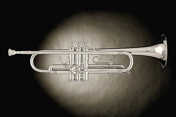 Fine Art Art Print featuring the photograph Trumpet on Spotlight B and W by M K Miller