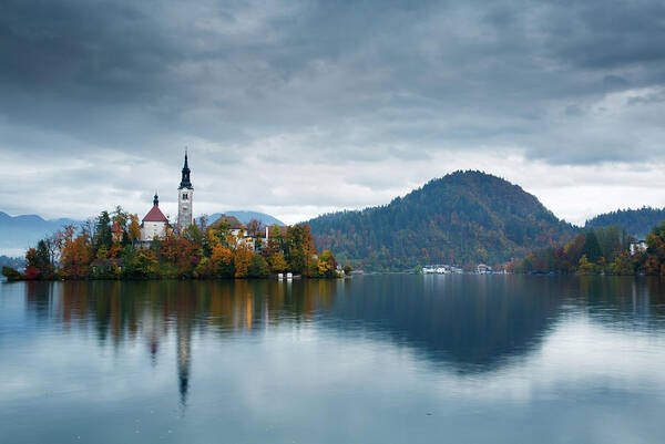 Bled Art Print featuring the photograph Autumn colours at Lake Bled #1 by Ian Middleton