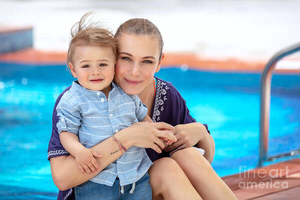Activity Art Print featuring the photograph Baby boy with mom on the beach resort #1 by Anna Om