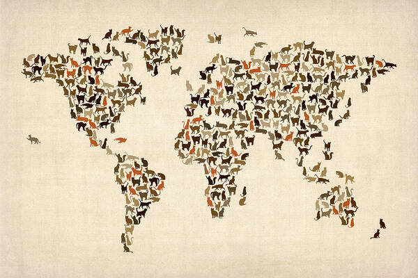 World Map Art Print featuring the digital art Cats Map of the World Map by Michael Tompsett