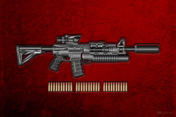 the Armory By Serge Averbukh Art Print featuring the photograph Colt M 4 A 1 S O P M O D Carbine with 5.56 N A T O Rounds on Red Velvet #1 by Serge Averbukh