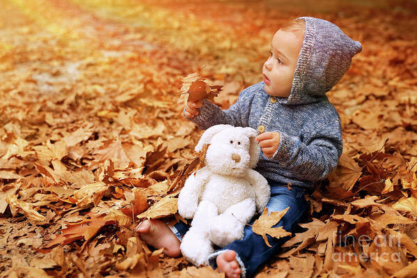 Autumn Art Print featuring the photograph Cute little baby in autumn park #1 by Anna Om
