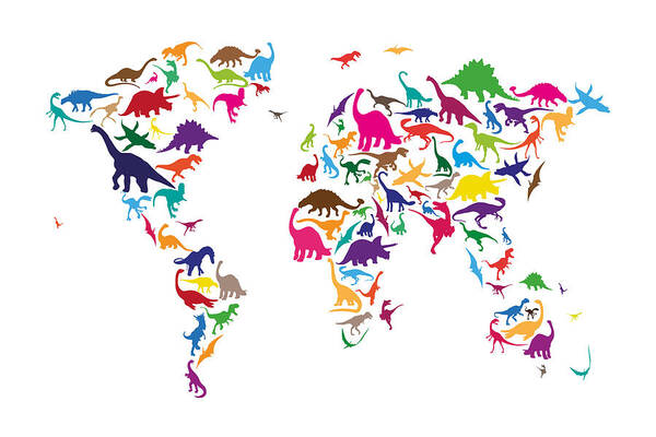 World Map Art Print featuring the digital art Dinosaur Map of the World Map #1 by Michael Tompsett