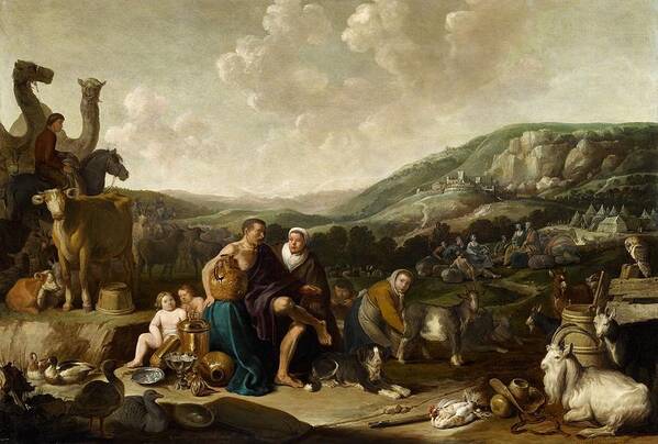 Cornelis Saftleven Art Print featuring the painting Landscape with Jacob and Rachel #1 by MotionAge Designs