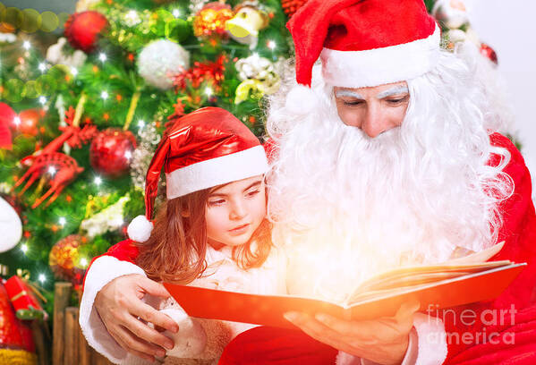 Baby Art Print featuring the photograph Little girl with Santa read book #1 by Anna Om
