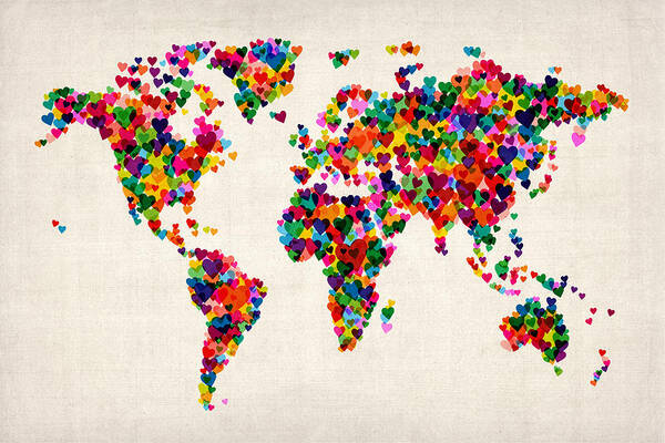 World Map Art Print featuring the digital art Love Hearts Map of the World Map #1 by Michael Tompsett