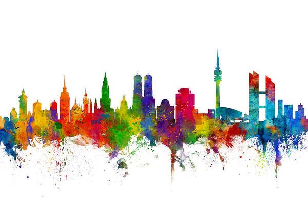City Skyline Art Print featuring the digital art Munich Germany Skyline by Michael Tompsett