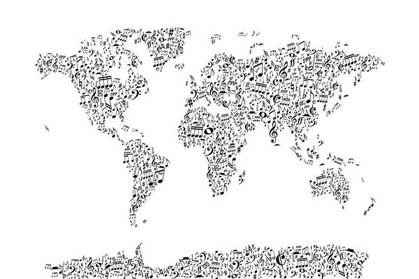 World Map Art Print featuring the digital art Music Notes Map of the World #1 by Michael Tompsett