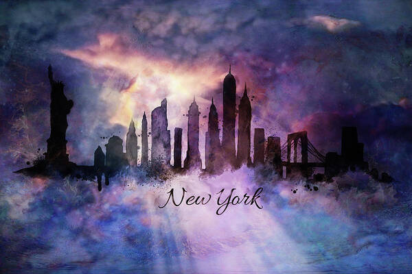 New York Skyline Art Print featuring the painting New york city skyline in the clouds #1 by Lilia S