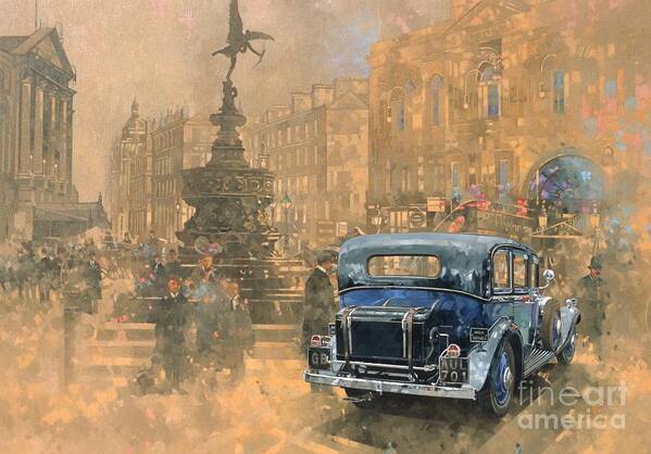 Rolls Royce; Car; Vehicle; Vintage; Automobile; Fountain; West End; London; Piccadilly Circus; Classic Cars; Vintage Cars; Nostalgia; Nostalgic; London Art Print featuring the painting Phantom in Piccadilly by Peter Miller