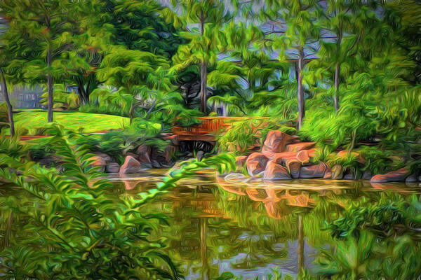 Reflections # Impressionist Art # Impressionistic # Tranquil Scene # Serenity Garden # Japanese Gardens # Water Reflections # Lake # Rocks # Trees # Water # Bridge # Colorful Scene # Peaceful Park # Morikami # Art Print featuring the digital art Reflections #5 by Louis Ferreira