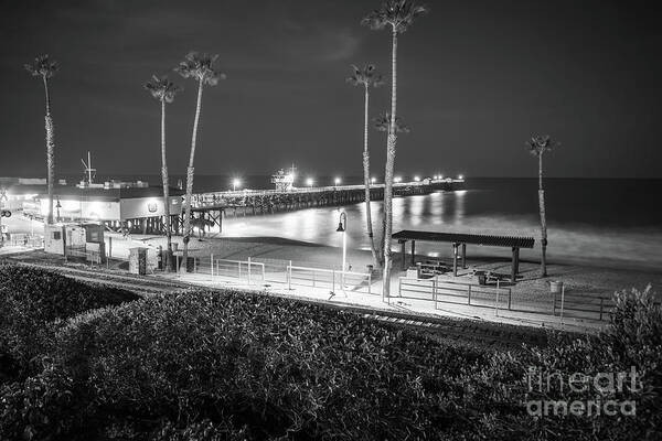 2017 Art Print featuring the photograph San Clemente Pier at Night Black and White Photo #1 by Paul Velgos