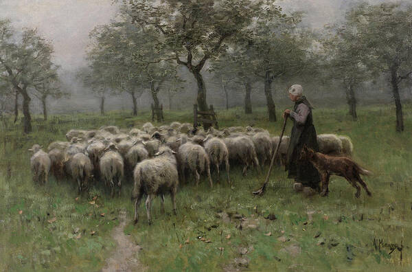 Anton Mauve Art Print featuring the painting Shepherdess with a Flock of Sheep #2 by Anton Mauve