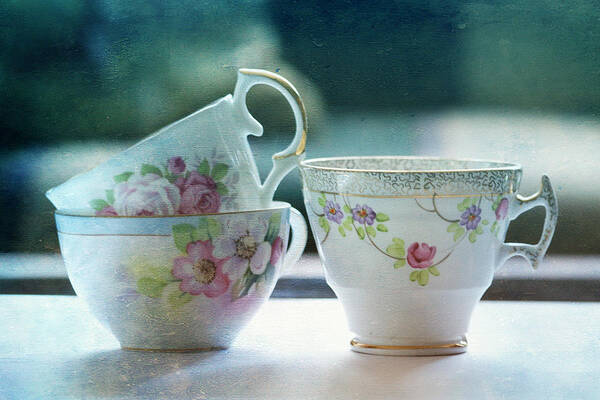 Vintage Teacups Art Print featuring the photograph Tea for Three #1 by Bonnie Bruno