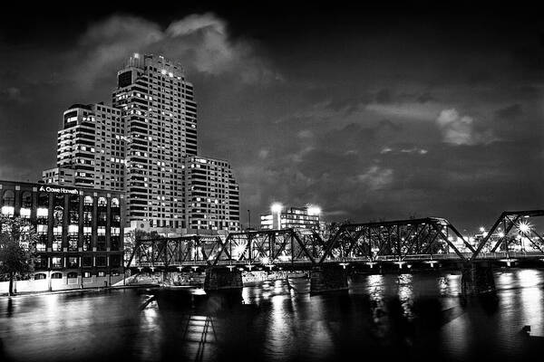 Bridge Art Print featuring the photograph The Blue Walking Bridge at Night in Grand Rapids #1 by Randall Nyhof