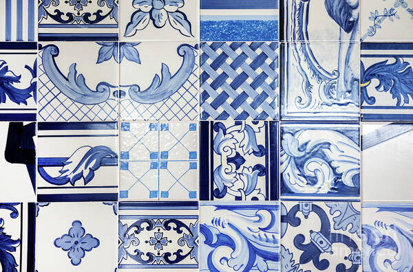 Decoration; Wall; Decorative; Ceramic; Texture; Floral; Color; Blue; Colorful; Mosaic; Portuguese; Tiles; Geometrical; Art; Antique; Artistic; Background; Lisbon; Old; Detail; Pattern; Traditional; Fabric; Portugal; Abstract; Facade Art Print featuring the photograph Tile Blue Background #1 by Ariadna De Raadt