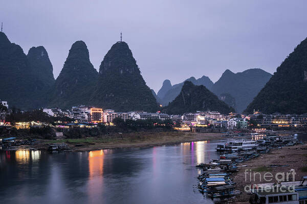 China - East Asia Art Print featuring the photograph Twilight over the Lijang river in Yangshuo #1 by Didier Marti
