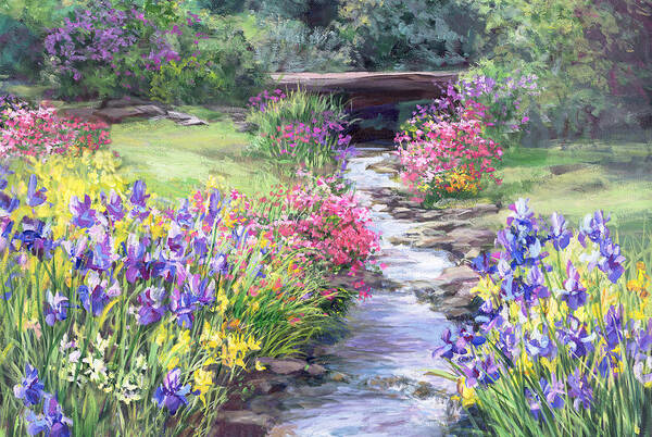 Landscape Art Print featuring the painting VanDusen Garden Iris Bridge #1 by Laurie Snow Hein