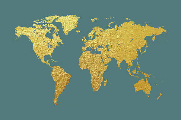 World Map Art Print featuring the digital art World Map Gold Foil #1 by Michael Tompsett