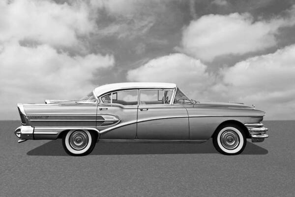 Buick Art Print featuring the photograph 1958 Buick Roadmaster 75 in Black and White by Gill Billington