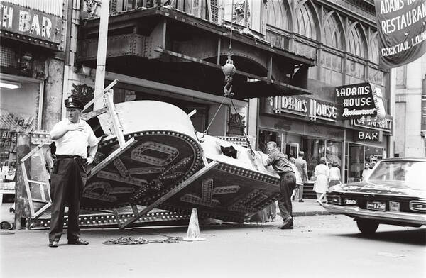 Boston Art Print featuring the photograph 1965 Removing RKO Theater Sign Boston by Historic Image