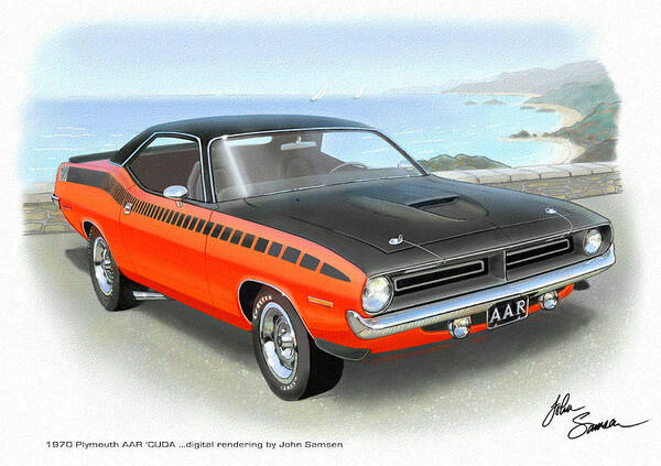  1970 Cuda Art Print featuring the painting 1970 BARRACUDA AAR Cuda classic muscle car by John Samsen