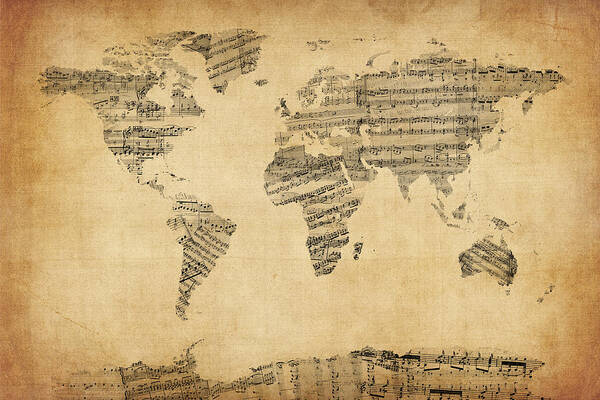 World Map Art Print featuring the digital art Map of the World Map from Old Sheet Music #2 by Michael Tompsett