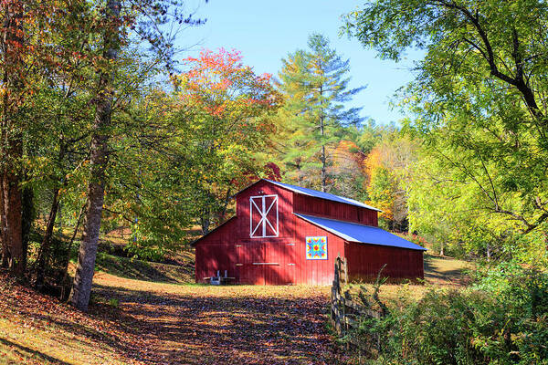 Red Barn Art Print featuring the photograph Red Quilt Barn In The Fall by Lorraine Baum