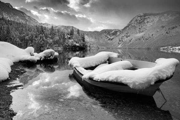 Bohinj Art Print featuring the photograph Snow covered boat on Lake Bohinj in Winter #2 by Ian Middleton