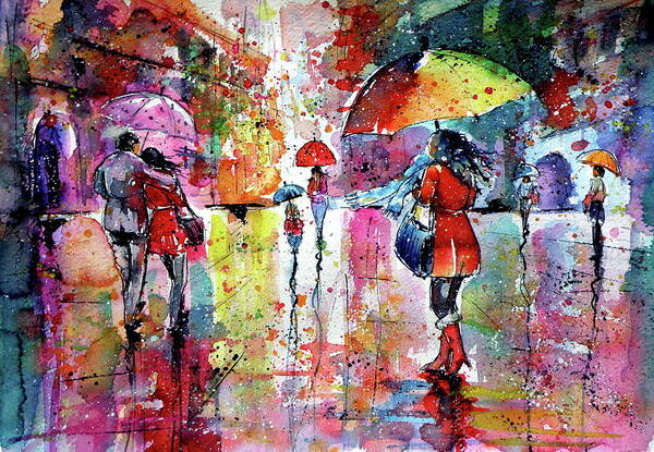 Street Art Print featuring the painting Walk in rain.... #2 by Kovacs Anna Brigitta