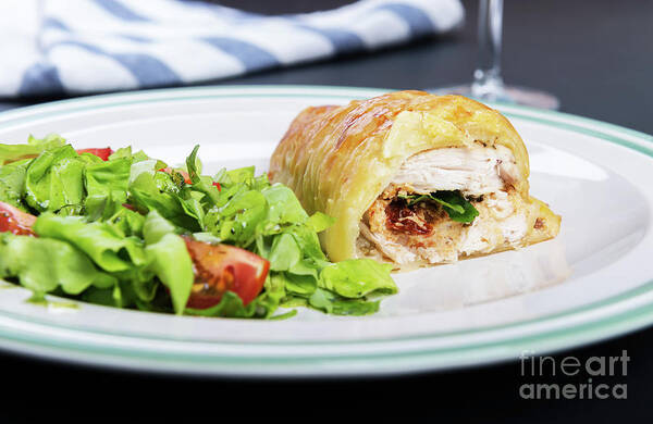 Food Art Print featuring the photograph Chicken breast in french pastry with fresh salad #3 by Piotr Marcinski