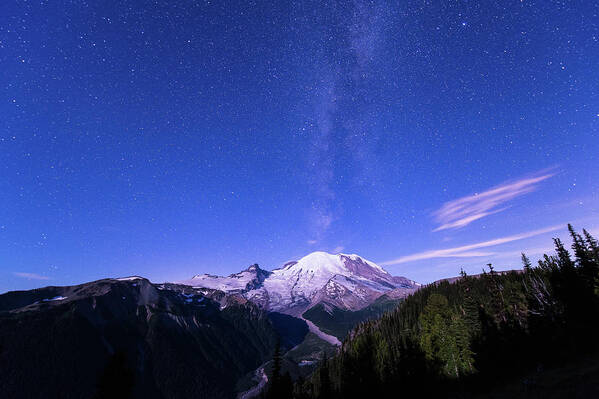 Landscape Art Print featuring the photograph Mt.Rainier with Milky way #3 by Hisao Mogi