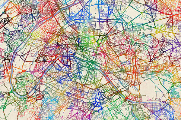 Paris Art Print featuring the digital art Paris France Street Map #3 by Michael Tompsett