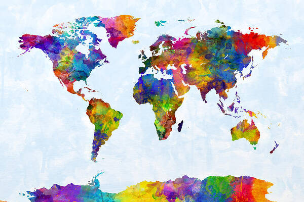 World Map Art Print featuring the digital art Watercolor Map of the World Map #3 by Michael Tompsett